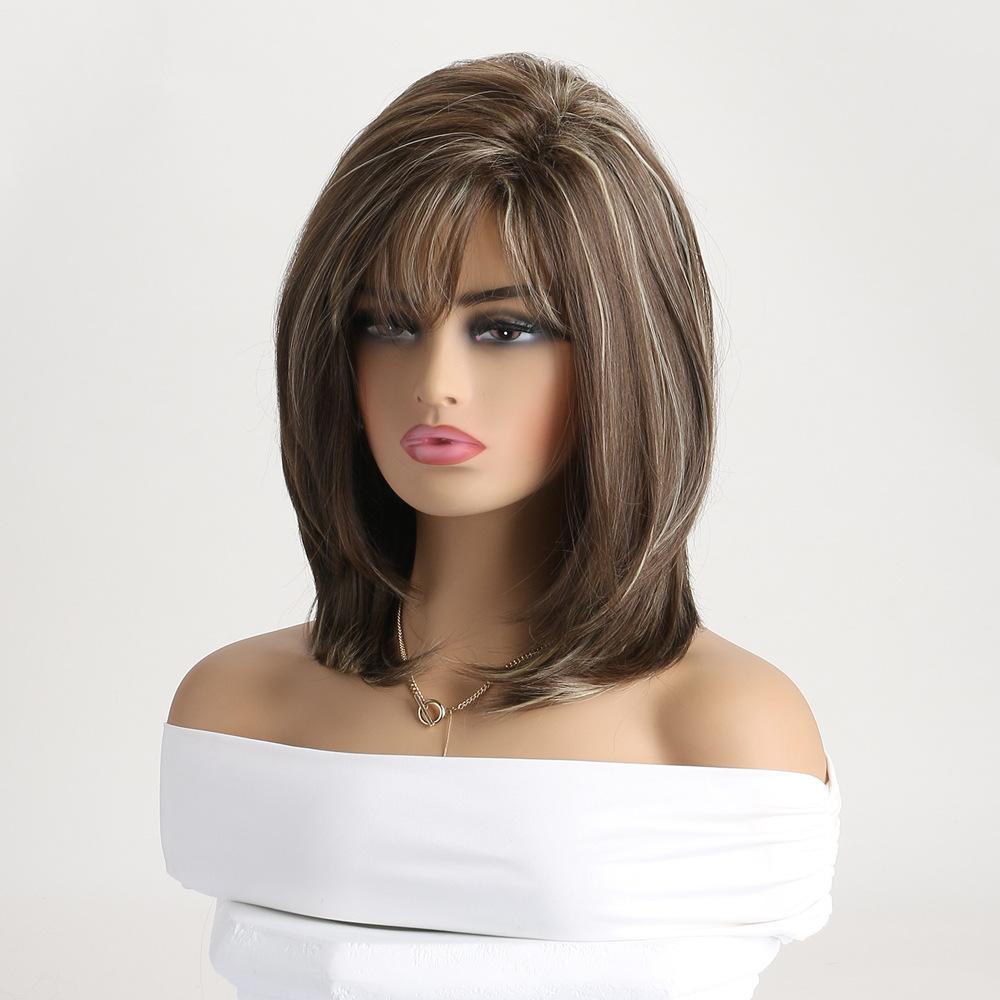 Women Medium Length Wave Hair with Bangs Synthetic Mixed Blonde Brown Wigs for Daily Cosplay Heat Resistant Fibre
