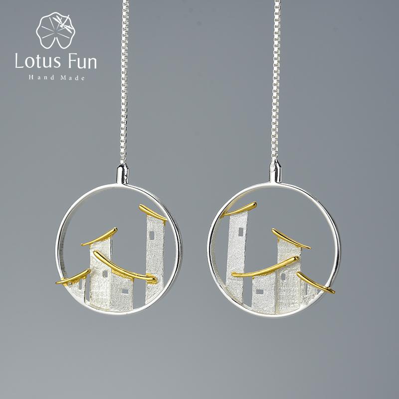 

Lotus Fun из настоящего стерлингового серебра 925 пробы, ювелирные изделия, оригинальные серьги-подвески в китайском архитектурном стиле Цзяннань, городские висячие серьги для женщин