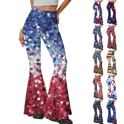 High Waist Flared Pants with Star and Flag Print Stretchy Fabric Bell Bottoms for Women Casual Festival Wear