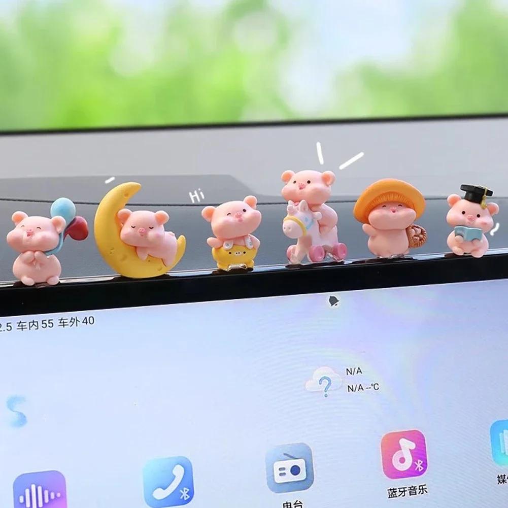 6Pcs Resin Mini Cute Pigs Car Center Console Ornaments Micro Animal Dashboard Screen Decoration Car Accessories Interior