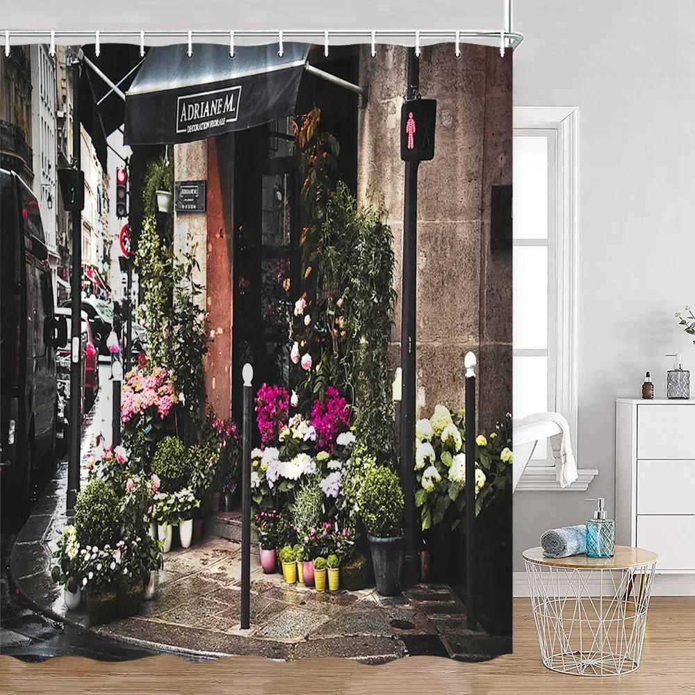 Vintage European Style Street View Shower Curtain Street View Old Stone Wall Plant Bathroom Curtain Bath Decoration
