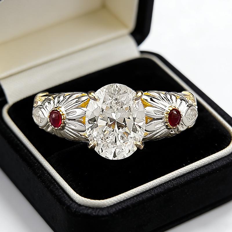 

Luoxi Temple Jewelry: Women s Light Luxury Retro Floral Ring with Inlaid 7x9mm Oval Pigeon Egg in S925 Sterling Silver Size 6
