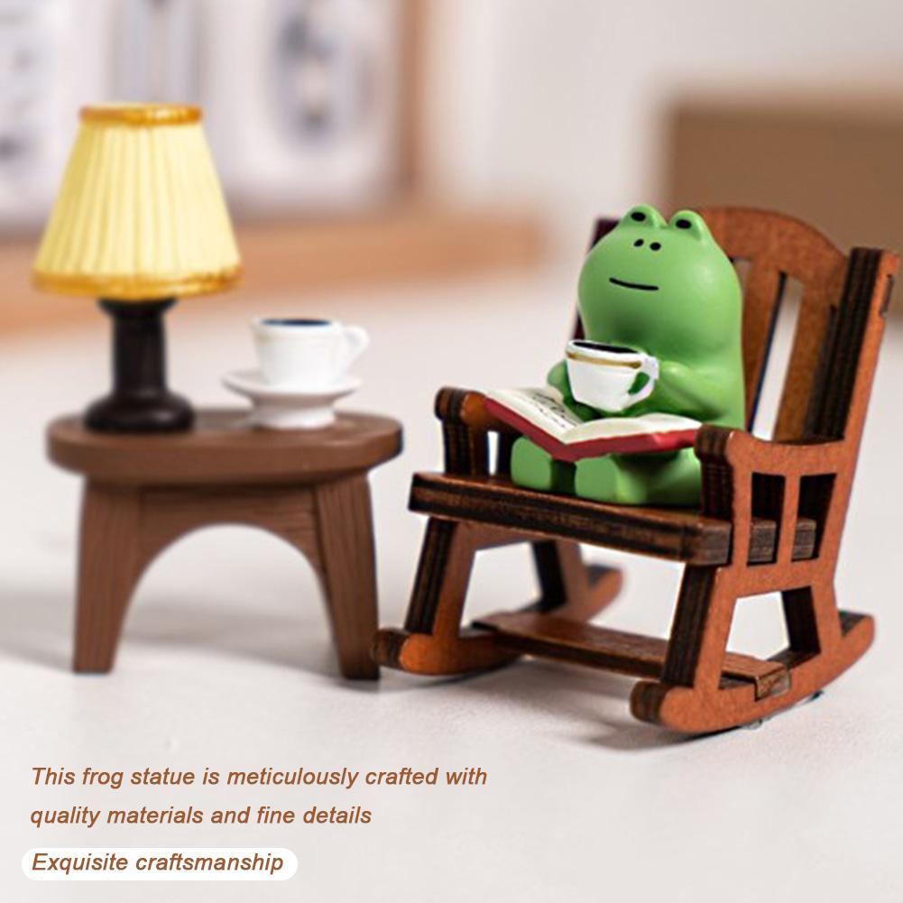 Handmade DIY Micro Rocking Chair Rocking Chair Design with Book Coffee Cute Frog Fat Miniature Home Bedroom Office Decoration