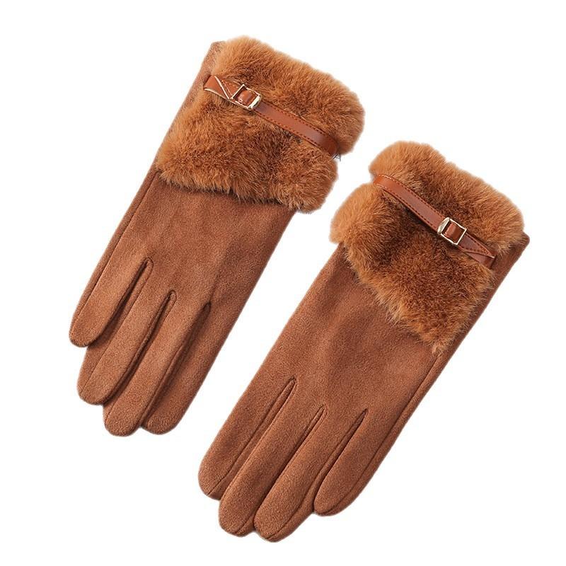 Suede Gloves Women's Autumn and Winter Mink Fur Belt Windproof and Velvet Warm Touch Screen Outdoor Electric Vehicle Riding Gloves