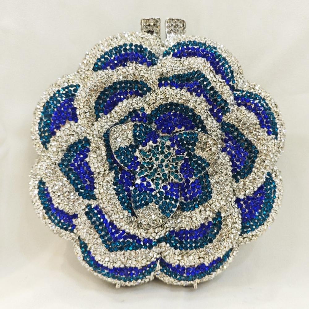 Blue Flower Diamond Multicolored Foral Evening Clutches Purse Luxury Crystal Women Metal Wedding Prom Handbags Rhinestone Bag
