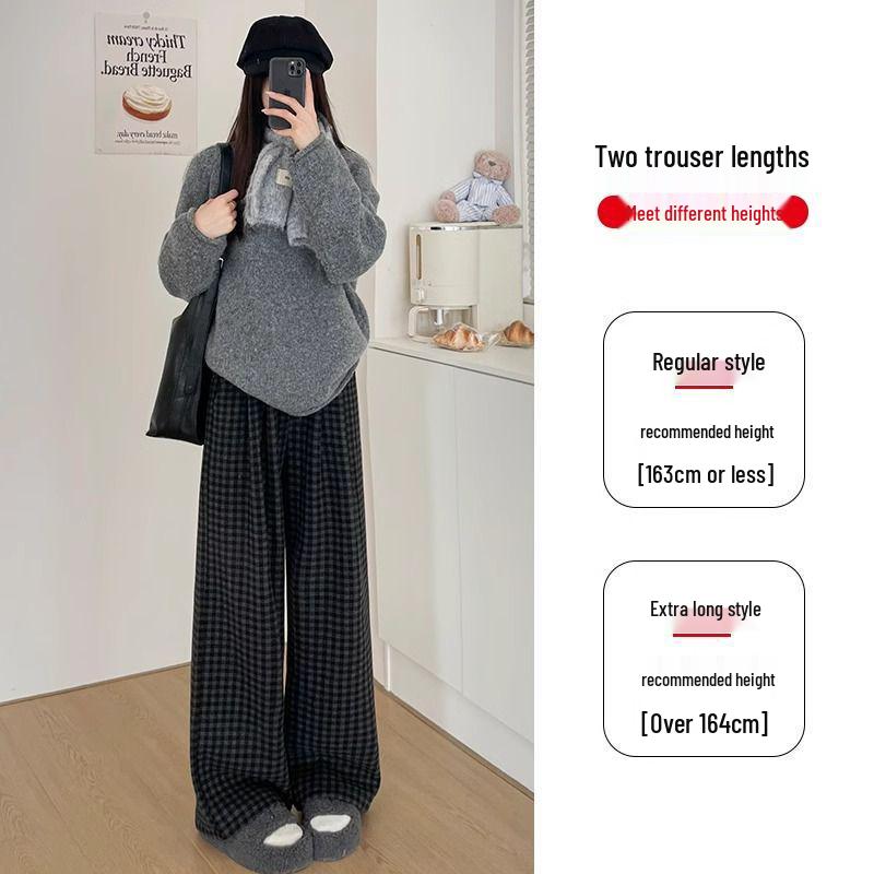 Women's High-Waisted Black & Gray Plaid Wide-Leg Pants - Slimming Casual Fit, Autumn/Winter Collection, Petite Size, Plus Velvet.