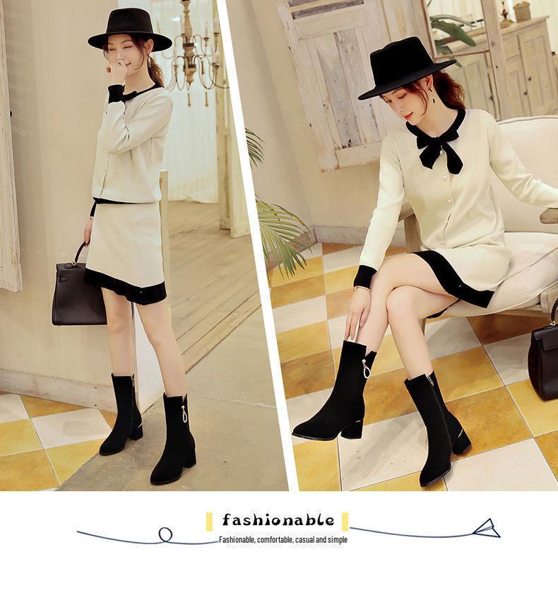 Women's Mid-Calf Martin Boots with Velvet Lining - British Style, All-Match Thick Medium Heels, Height-Enhancing Winter Cotton Boots