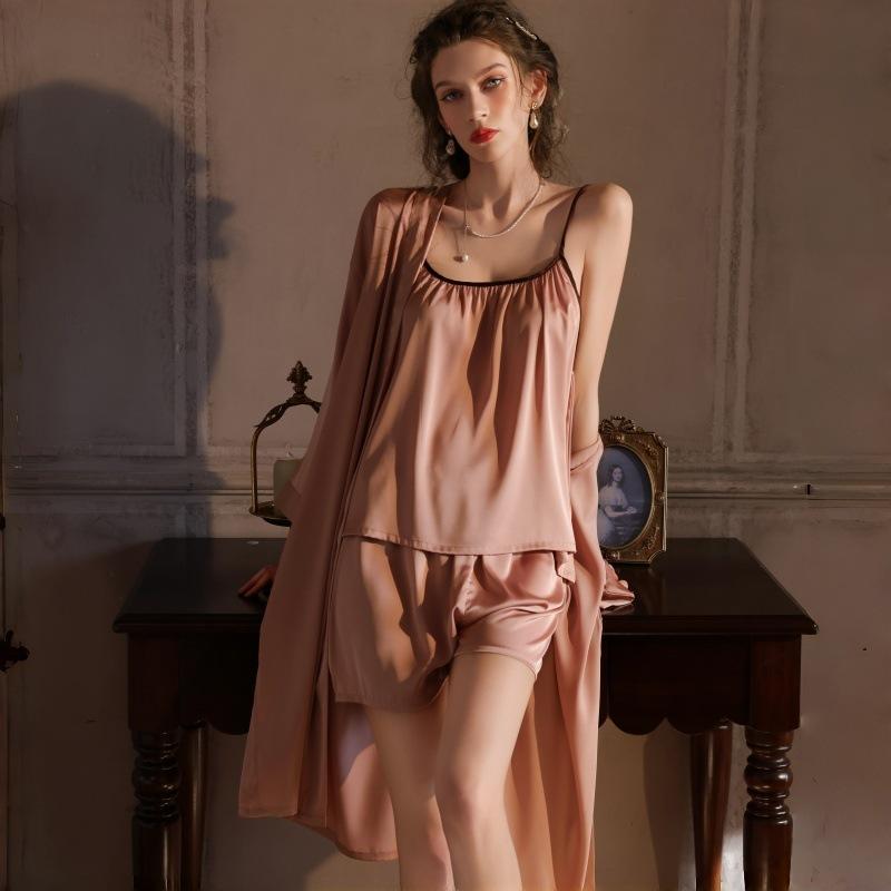 Women's Summer Sexy Pajamas Three-piece Imitation Silk Suspender Pajamas Large Size Loose Pure Desire Bathrobe