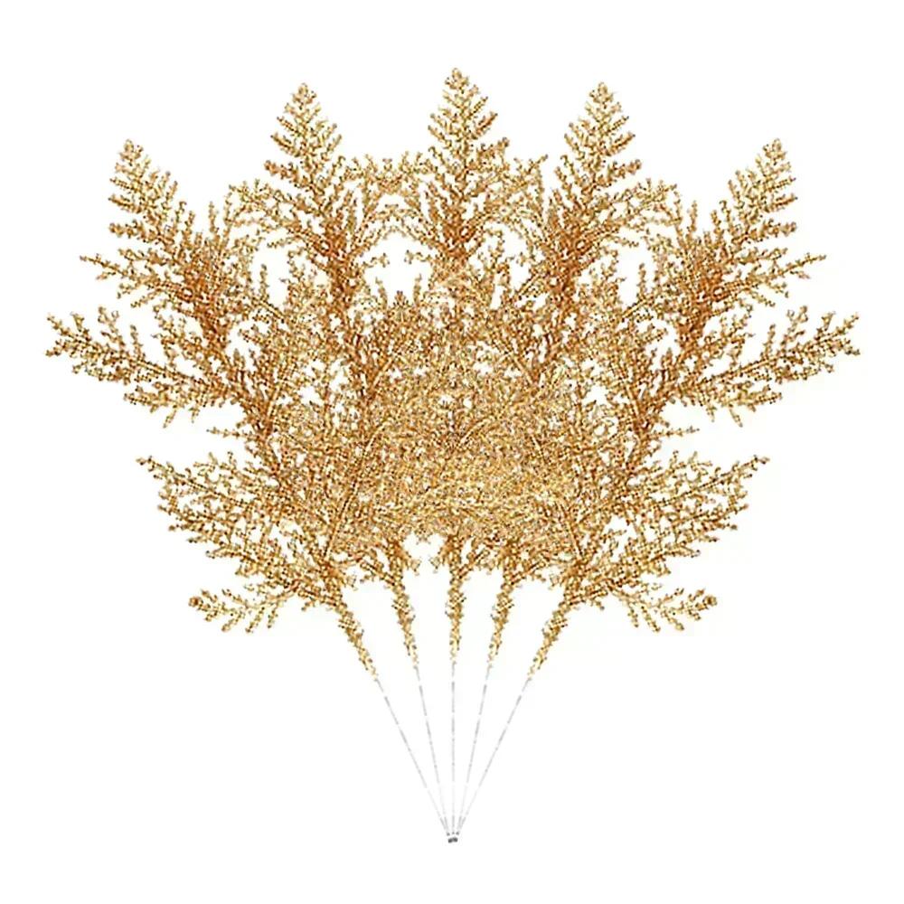 Artificial Pine Leaves Branches Christmas Gold Silver Fake Plants Glitter Garland Xmas Tree Ornament Home Room Decoration Plant
