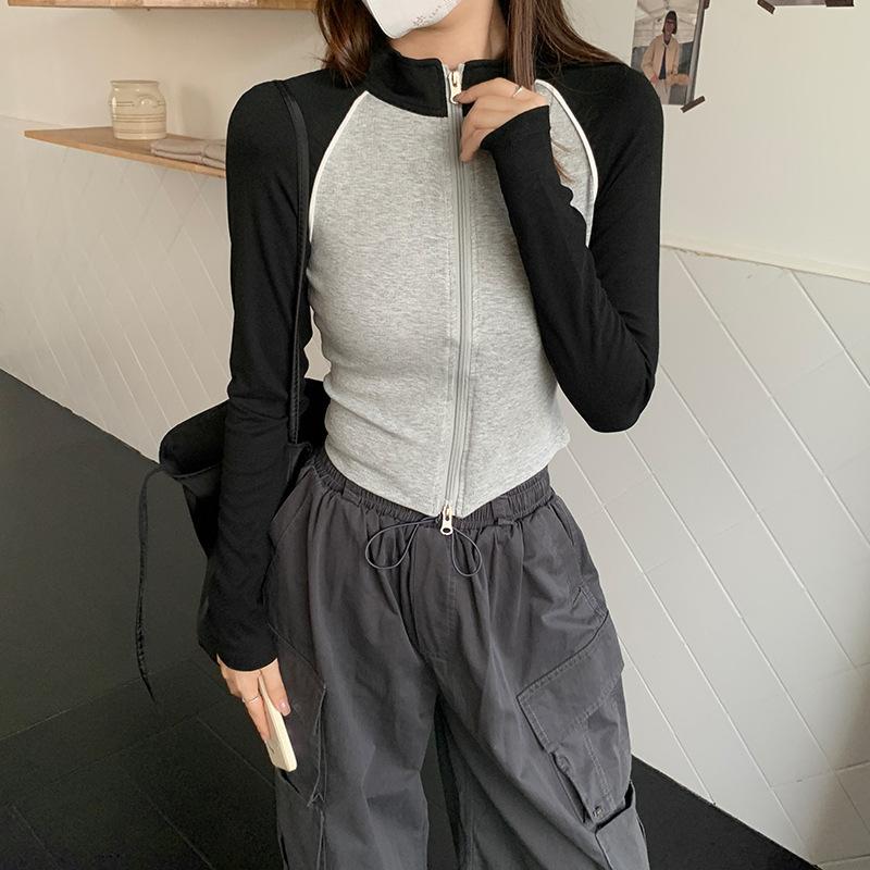 American Contrast Color Stand Collar Zipper Jacket Long Sleeve T-Shirt Women's 2024 Autumn New Slim Fit Niche Top
