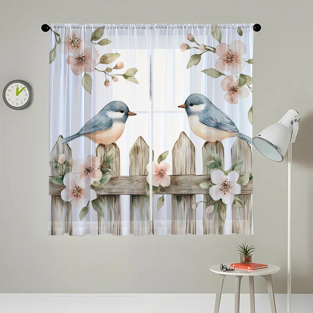Set Of 2 Hd Digital Plant Bird Printed Window Screen Home Decor Style Decoration Living Room Bedroom Rod Curtain For Made Polyester