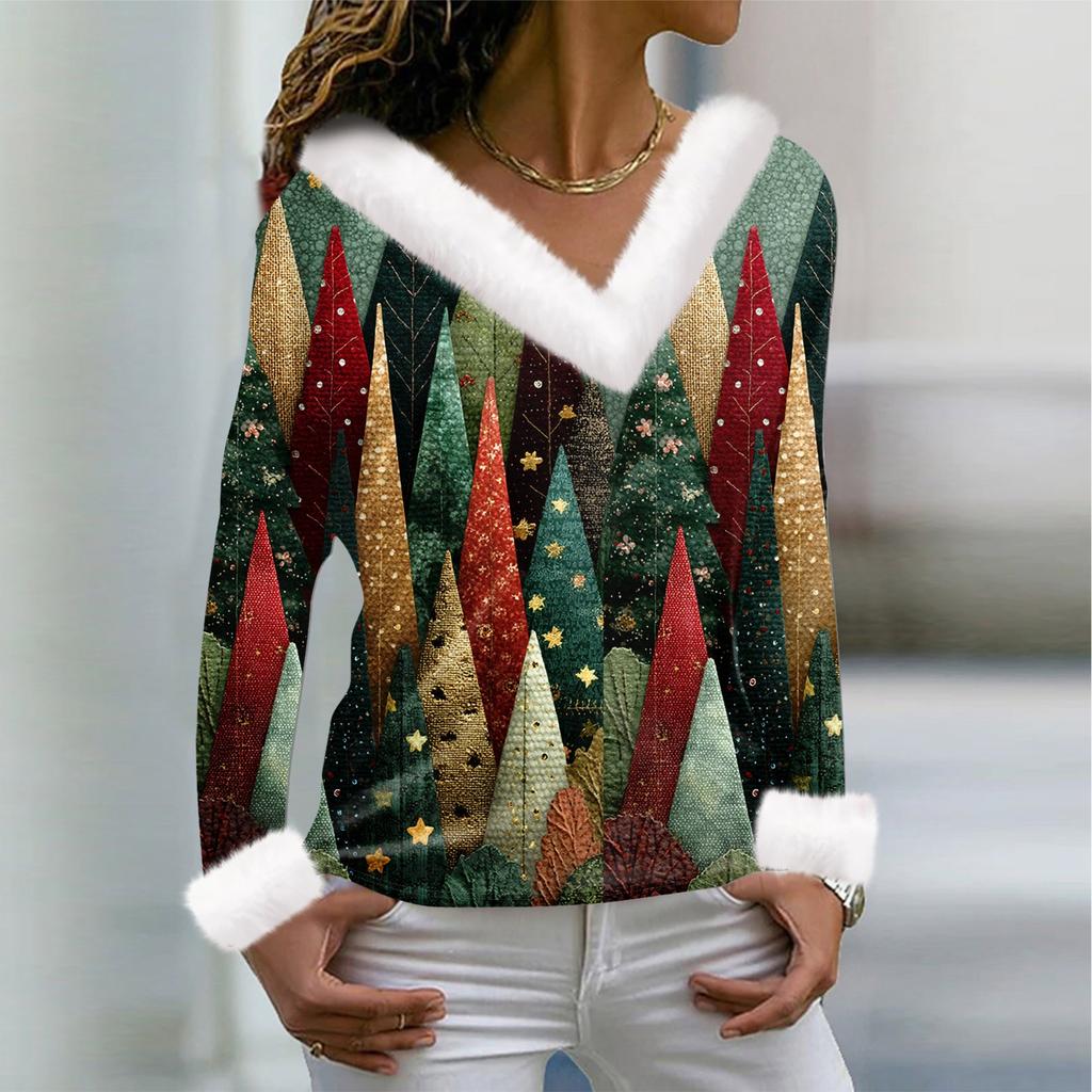 Camiseta de mujer, camiseta navideña, camiseta de manga larga, fiesta, estampado navideño, cuello polar, cuello en V