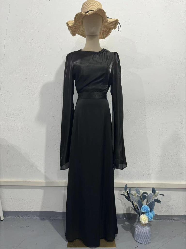 2026 Spring Socialite Slimming Spliced Glass Yarn Long Sleeve Satin Dress