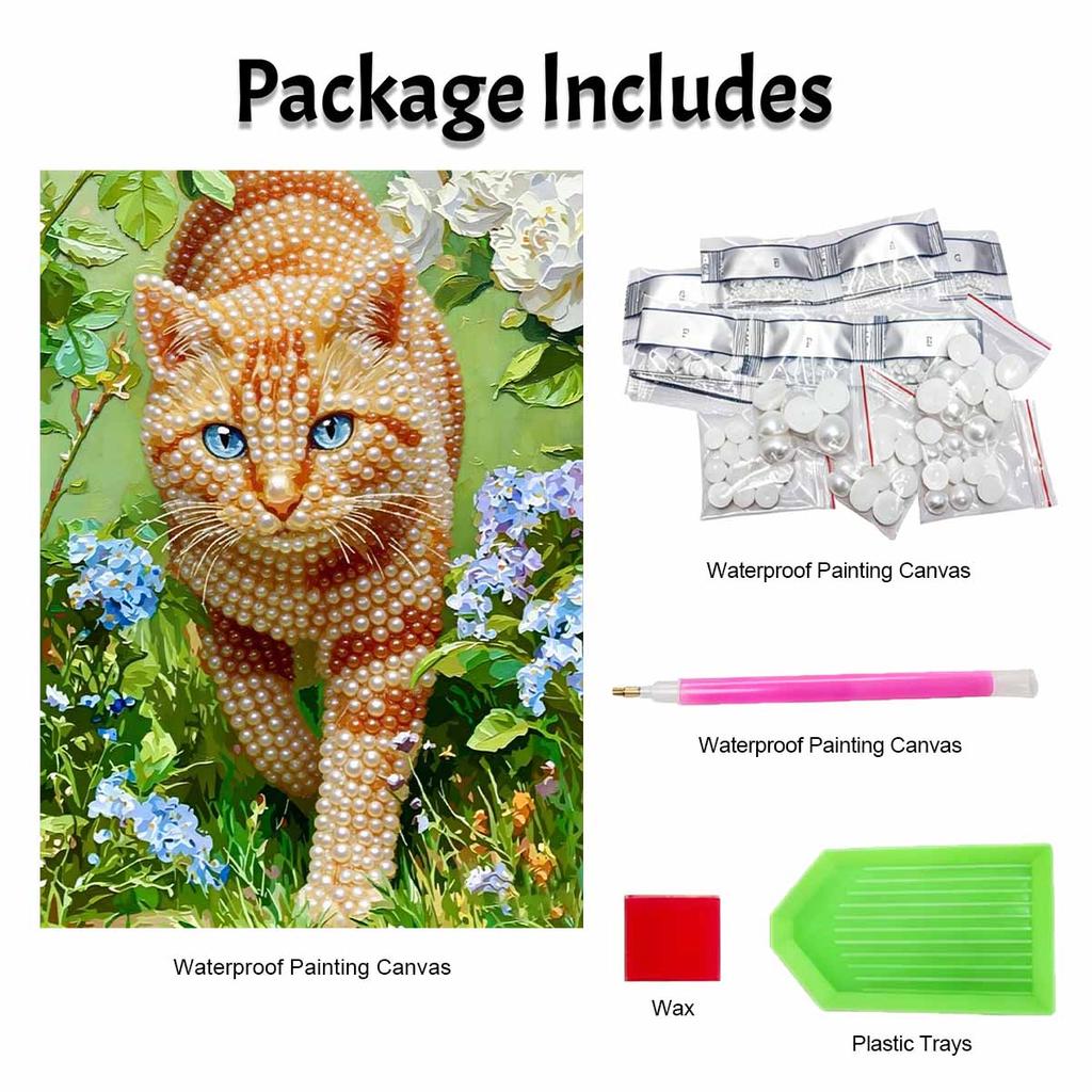 3D Pearl Painting Kit Ginger Cat Design Frameless DIY Bead Art Canvas Leisure Handmade Craft for Bedroom Wall Decor