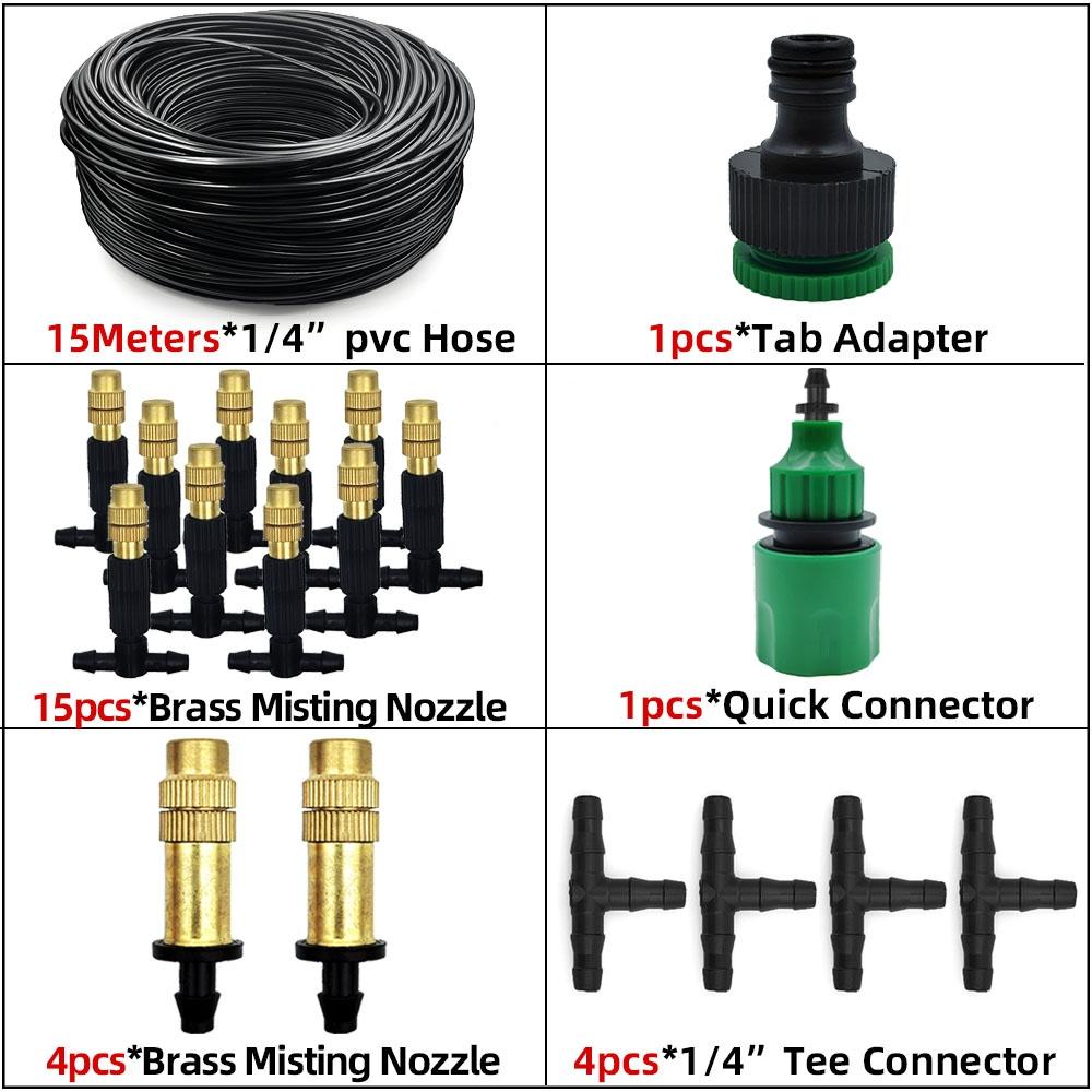 

15M Outdoor Misting Cooling System Garden Irrigation Watering 1/4 Brass Atomizer Nozzles 4/7mm Hose for Patio Greenhouse