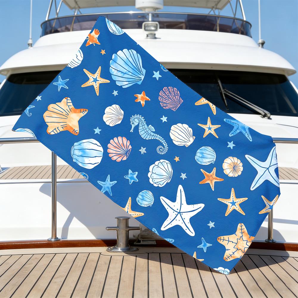 Sea Life Starfish Beach Towel – Oversized Quick Dry Sand Free with Watercolor Seashell & Seahorse Print