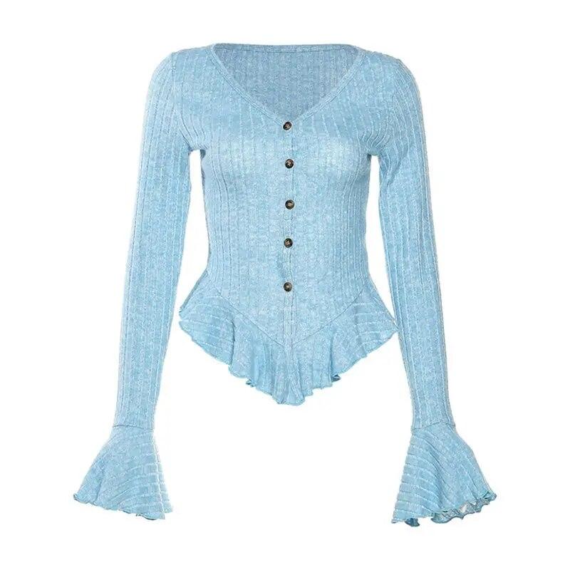 

2KWEIRD Кардиган в корейском стиле, милый, горячий, сексуальный, с рукавами-клеш, женский, однотонный, с V-образным вырезом, тонкий, облегающий топ, модная женская одежда XL синий