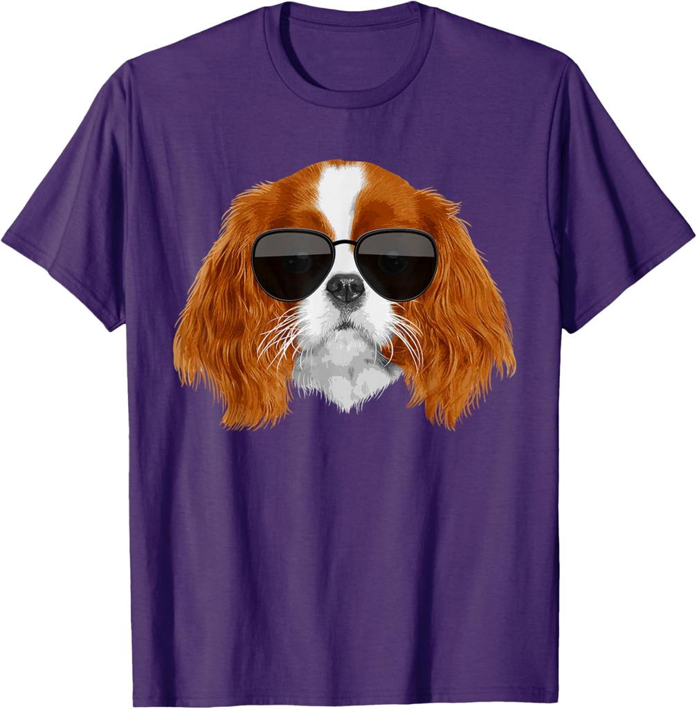 Cool Cavalier King Charles Sunglasses Dog Lover Graphic T-Shirt Soft Cotton Round Neck Tee