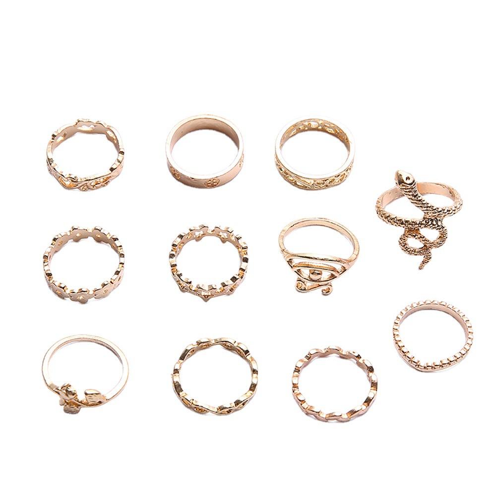 Bohemian Creative Drip Vintage Geometric Ring Full Diamond Shining Serpentine 11-Piece Combination Joint Ring