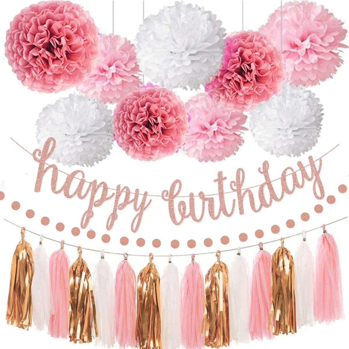 

26pc Banner,Streamers Tassel Garland,Tissue Pom Poms Honeycomb,Paper Lanterns Fan,Birthday Wedding Bridal Baby Shower Bachelorette Engagement Decor