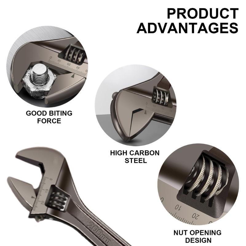 8-18inch Adjustable Wrench Wide Jaw Opening Precise Jaw Design Grips Measurement Scales Engraved On the Tool