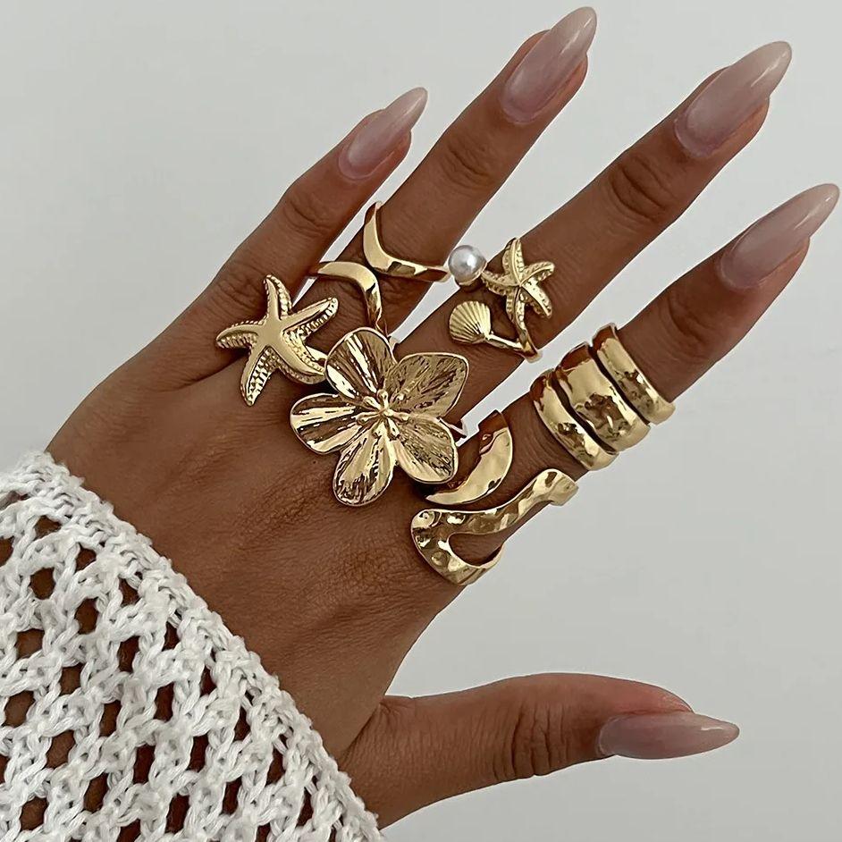 

DIEZI One Set Punk Imitation Pearl Starfish Flower Knuckle Rings For Women Vintage Fashion Gold Silver Color Joint Ring Jewelry