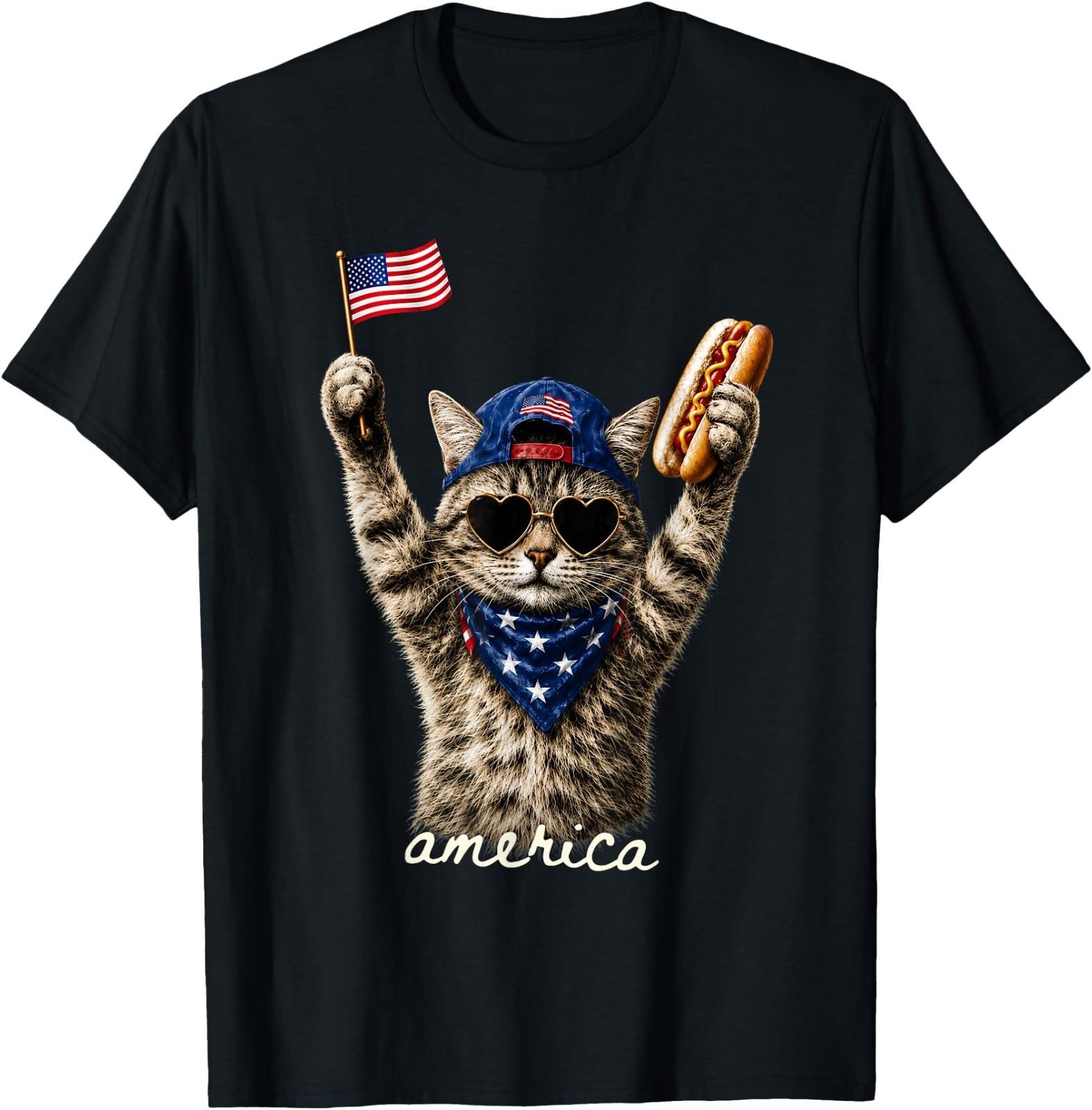 Patriotic Cat American Flag Hot Dog 4th of July T-Shirt L