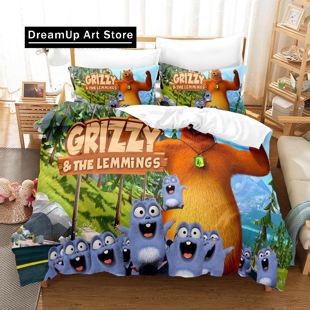 3D Print Fashion Grizzy and The Lemmings Bedding Set Boys Girls Twin Queen Full Size Duvet Cover Pillowcase Bed Adult Bedroom