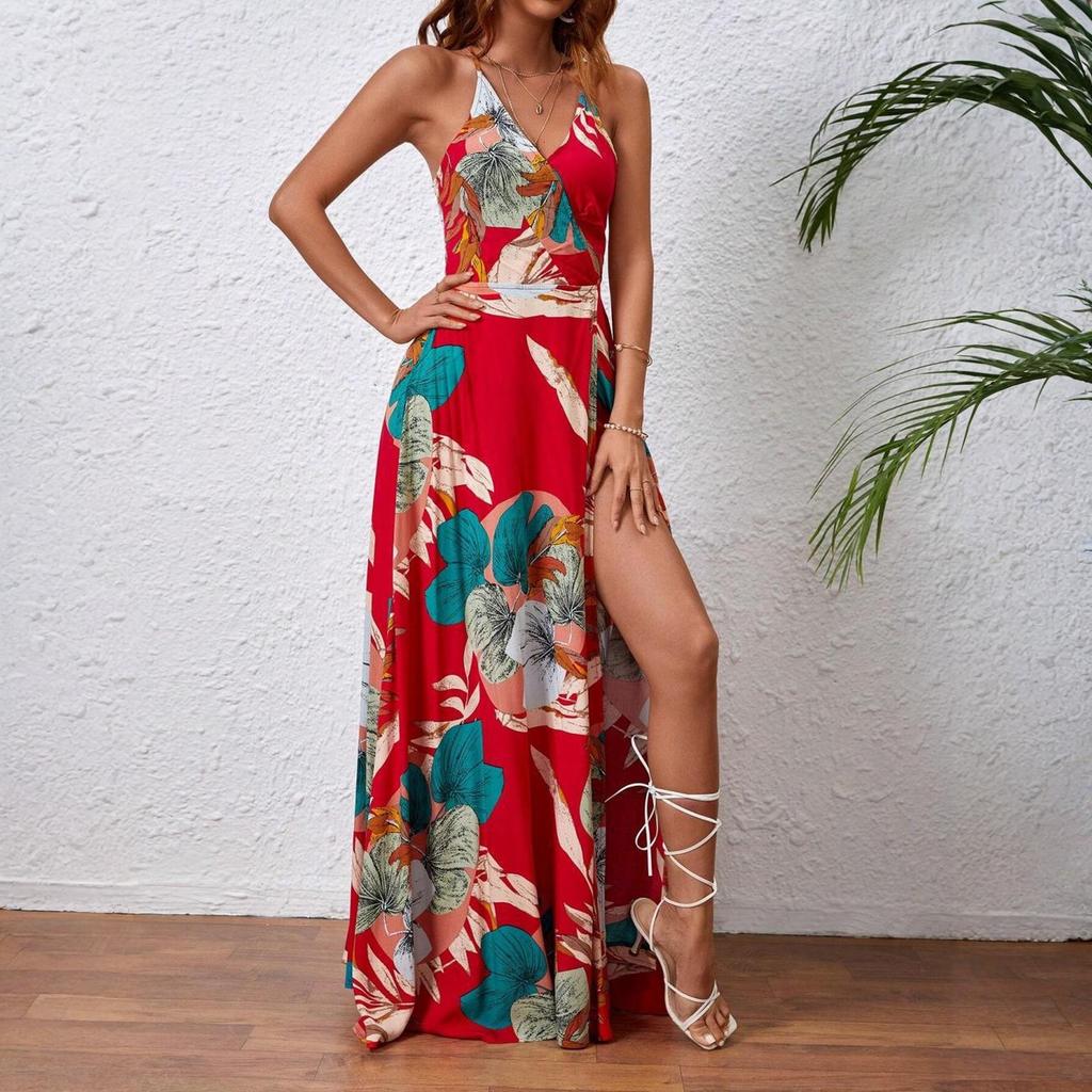 Damska Letnia Moda Bohemianska Spódnica w Kwiatowy Wzór z Rozcięciem Sukienka na Ramiączkach z Kurortu Nadmorskiego