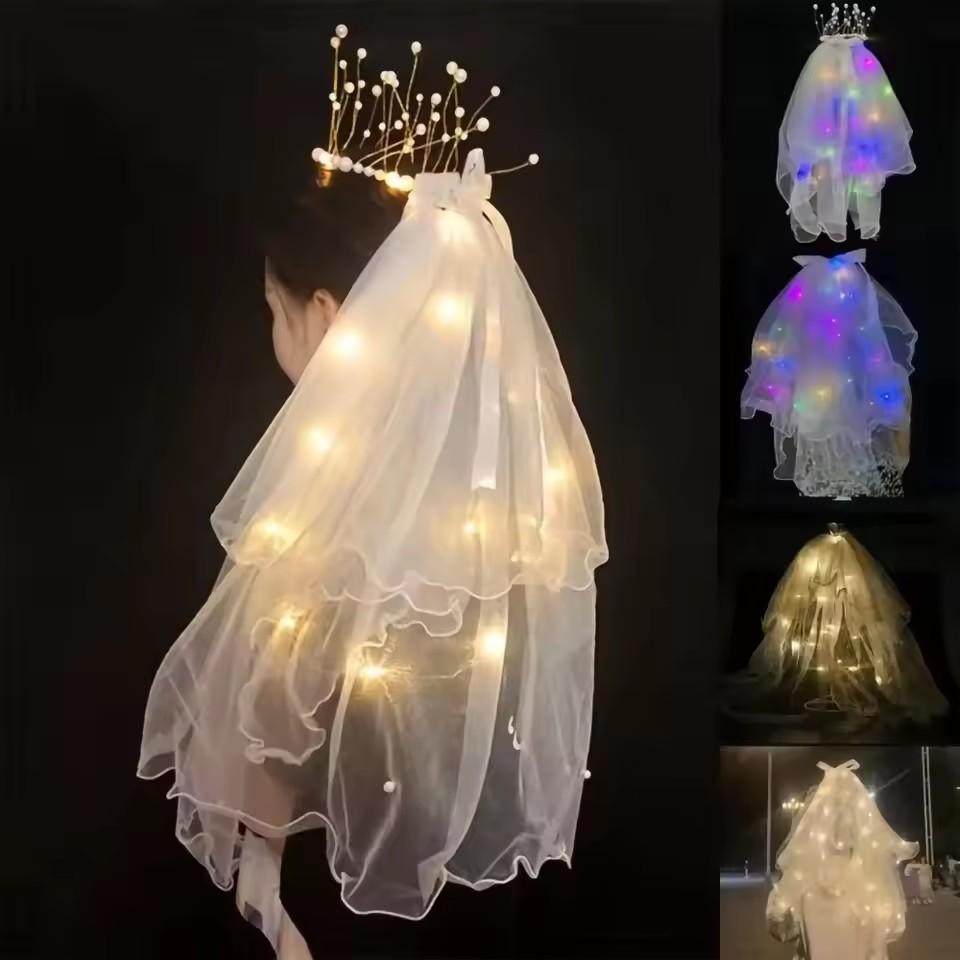 LED Light Bridal Wedding Veil with Pearls/Crowns Wedding Tiara Veil for Props Party Headpieces Decor Glowing Flash Veil