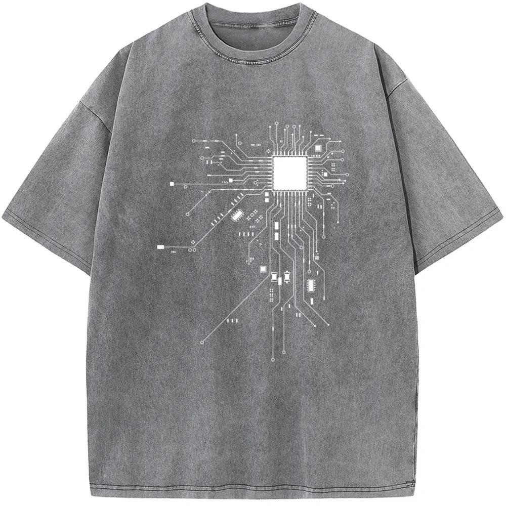 Tričko s potiskem schématu procesoru CPU Letní volné bělené tričko Bavlněné s kulatým výstřihem a krátkým rukávem