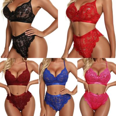 Kant Tweestuk Lingerieset voor Vrouwen Doorzichtig Bloemenpatroon Beha en Slipje Set Verstelbare Bandjes en Elastische Tailleband Intieme Kleding