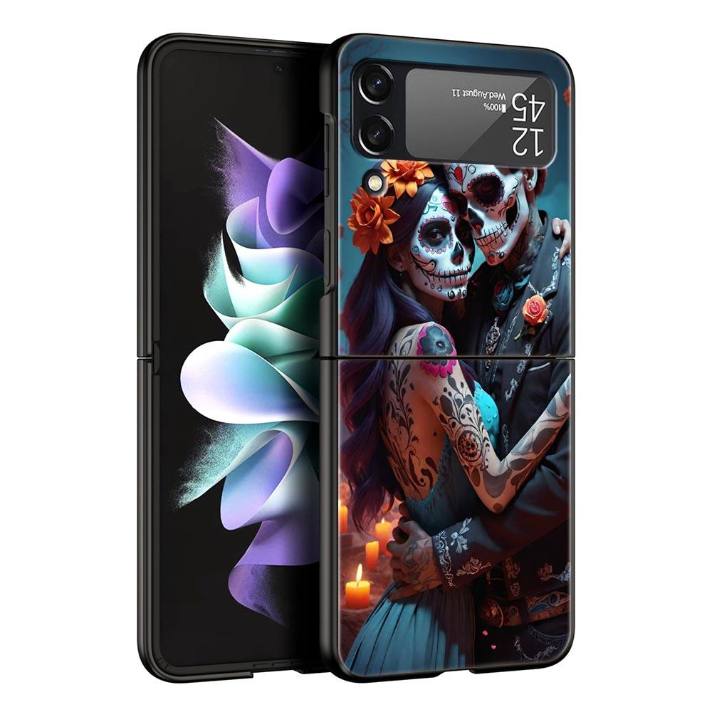 Hard PC Phone Case For Samsung Galaxy Z Flip 7 6 5 4 Black Cover For Galaxy Z Flip 3 Foldable Shockproof Skeleton Love Skull Bag
