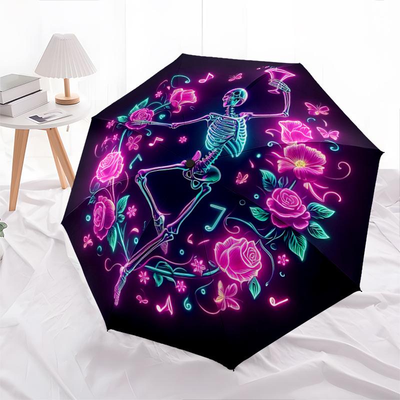 1pc Dancing Skeletons Automatic Practical Umbrella Design, Cute Cartoon Pattern, Portable Outdoor Umbrella, Perfect A037