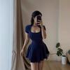 Rochie Mini de Vară Culoare Uni, Decolteu Pătrat, Mânecă Scurtă, Croială A, Purtare Pură