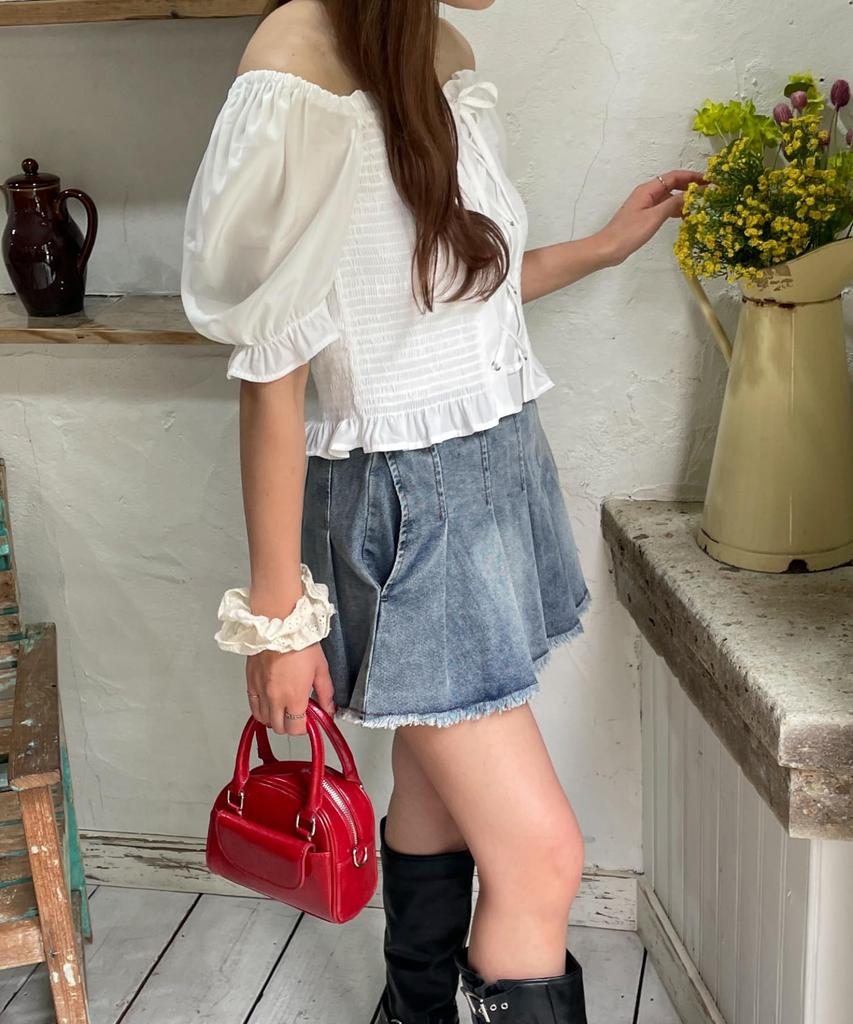 WEGO Shirred Girly Summer Size White Women's Lace-Up Blouse, Top, F,