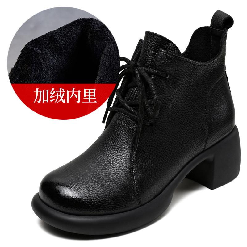 Cowhide Handmade Retro Medium Heel Short Women's Autumn New Lace-up Mother Leather Shoes Genuine Leather Martin Single