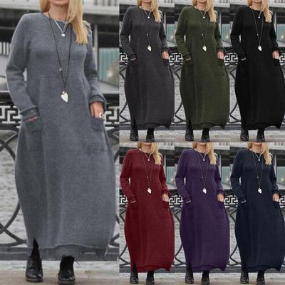 Damen Herbst und Winter Warmes Fleece Langarm Spitze Pulloverkleid Lässiges Taschenkleid