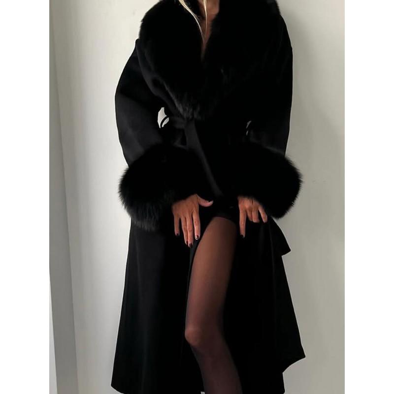 2026 Womens Oversized Wool Blend Long Coat With Faux Fur Collar Solid Color Elegant Winter Outerwear