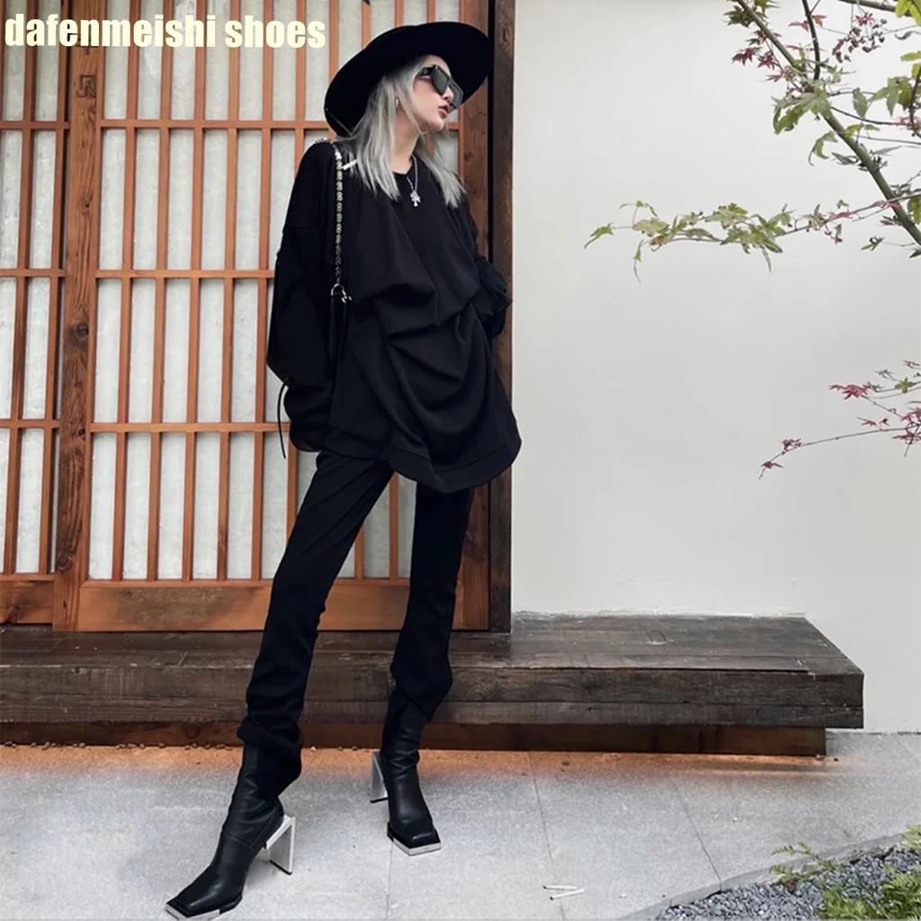 Fashion 2025 New Style Strange Style Heel Women Boots Metal Square Toe Square Heel Back Zipper High Heel Ankle Boots Novelty Short Boots