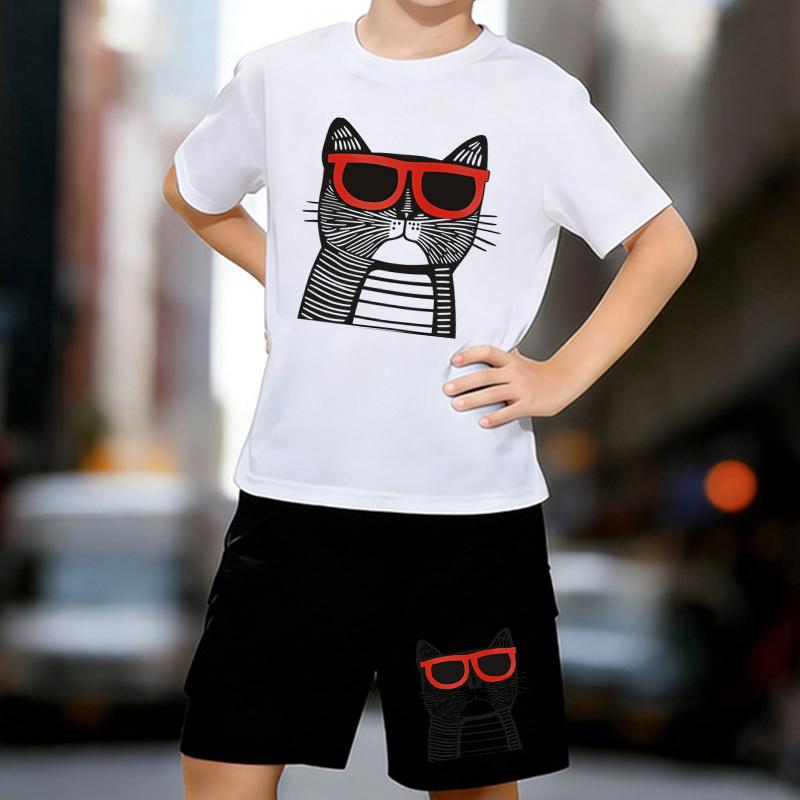 

Boys 2 Piece Cat Wearing Sunglasses Printed outfit, Short Sleeve T-Shirt and Shorts Set for Kids Age 5-14,White, Black Sporty Casual Summer Clothes 13-14 Years