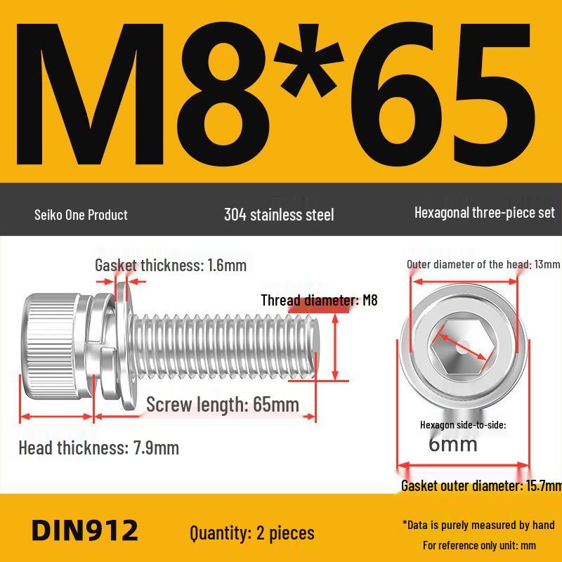 304 Stainless Steel Hex Socket Cap Screw with Washer - Sizes M3, M4, M5, M6, M8, M12