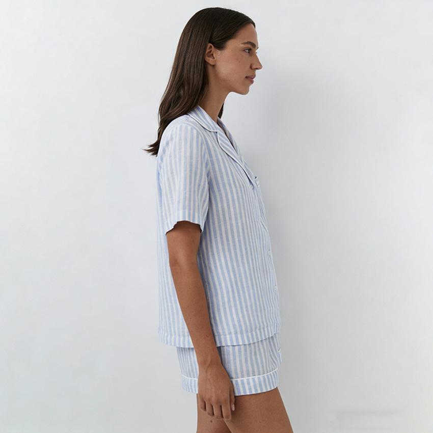 New European and American striped short-sleeved shorts pure cotton two-piece set soft and comfortable pajamas women's loungewear