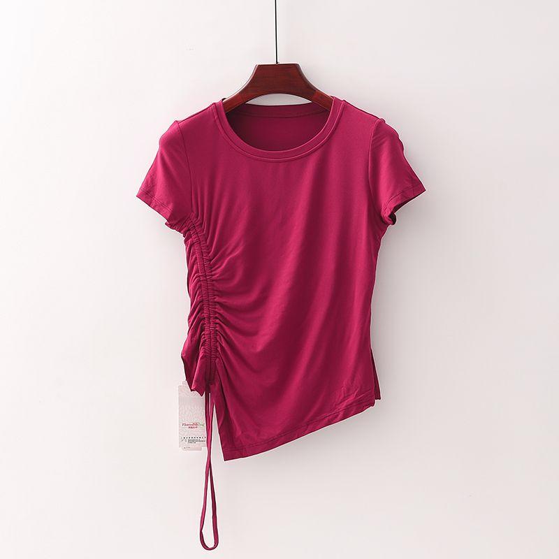 

[Fan] Shopping Mall Brand Discount Women s round Neck Elastic Lined Chest Pad Yoga Sports T-shirt 3o017 Wine Red S/155