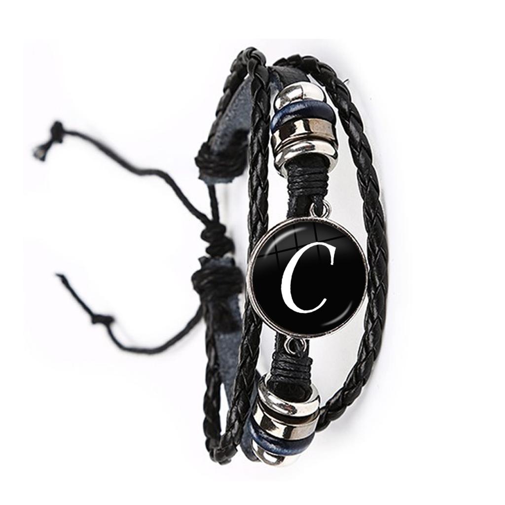 Fashion Simple Initial Alphabet Men's Braided Leather Bracelet Punk Rock 26 Letters A-Z Glass Bracelet Jewelry Gift for Men