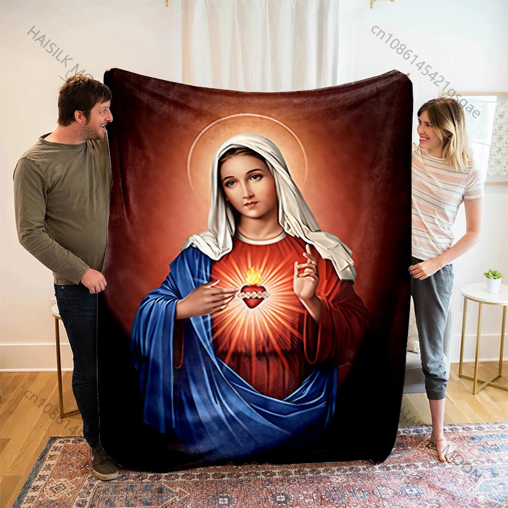 1PC Woman holding Sacred Heart Print Blanket Warm Soft Fluffy Kids and Adult Sofa Bed Throw Blanket Outdoor Travel Camping RV