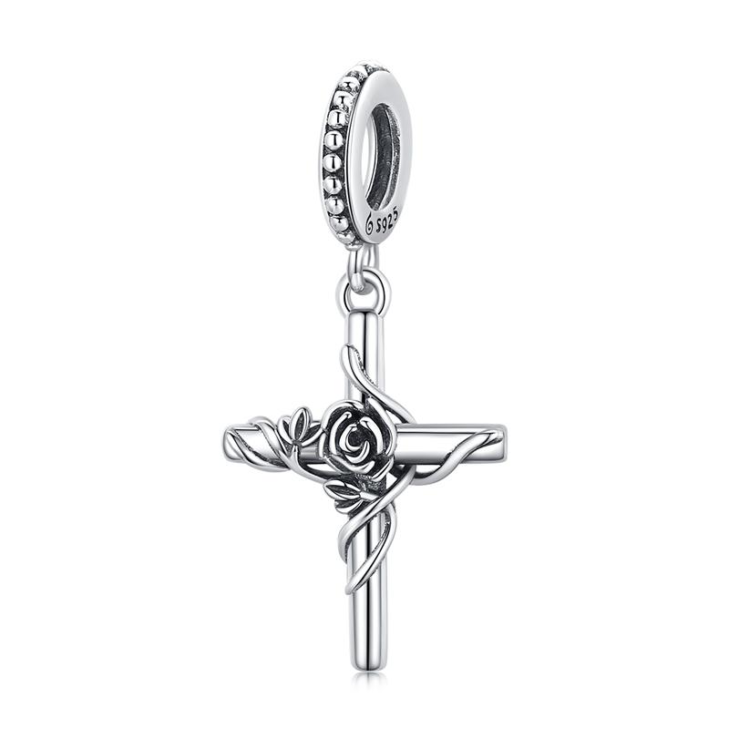 WOSTU 100% Real 925 Sterling Silver Cross Charm Zircon Bead Crosses Pendant Fit Original Bracelet DIY Necklace Religion Jewelry