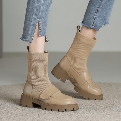 Women's Low Chunky Block Heels Boots Non-Slip Platform Round Toe Knitted Ankle Booties Comfortable Casual Dress Shoes for Women Walking Chelsea Boots
