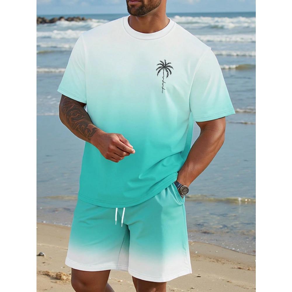 Herren Kurzarm Set Farbverlauf Print T-Shirts Shorts mit Kordelzug Urlaubsstrand Kurzarm Oberteil Shorts Zweiteiliges Set