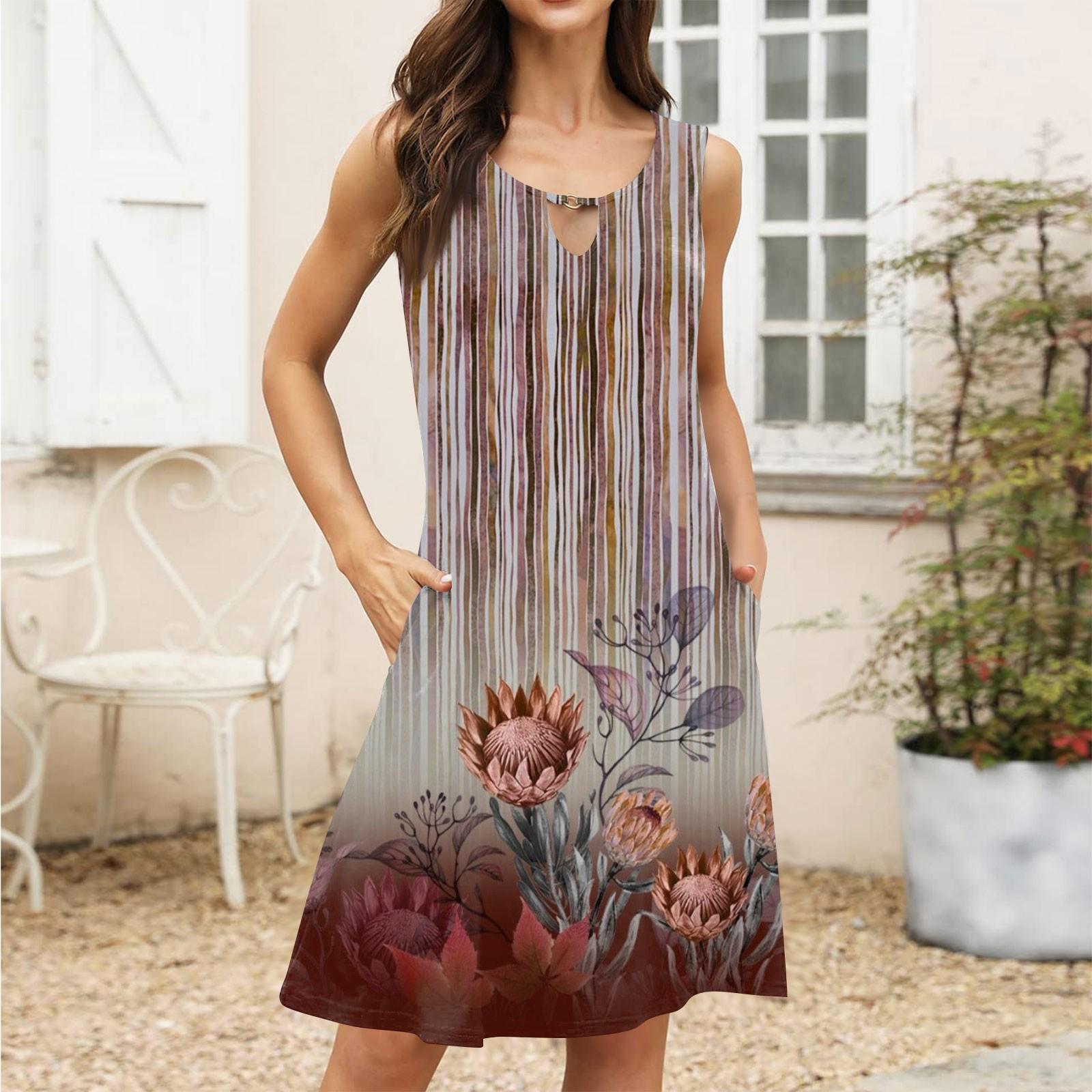 

Женское повседневное летнее платье без рукавов с принтом, свободное пляжное платье с вырезами XL красный